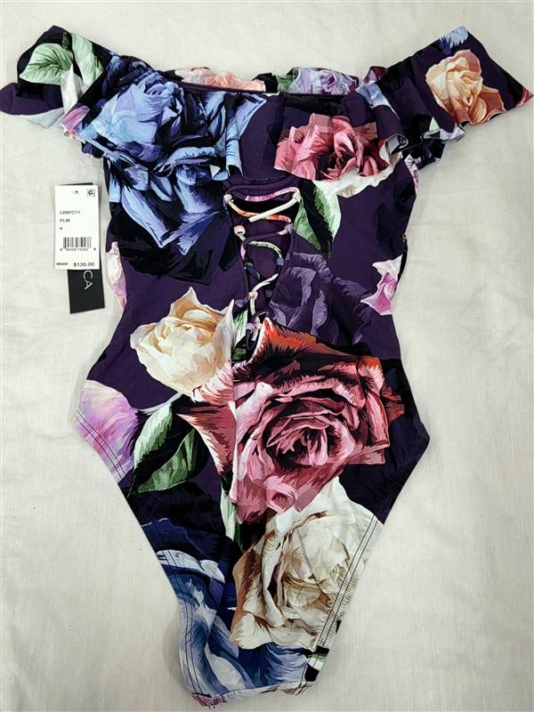 NWT La Blanca 8 Island Goddess Off Shoulder Ruffle 1PC Swimsuit Purple 135605