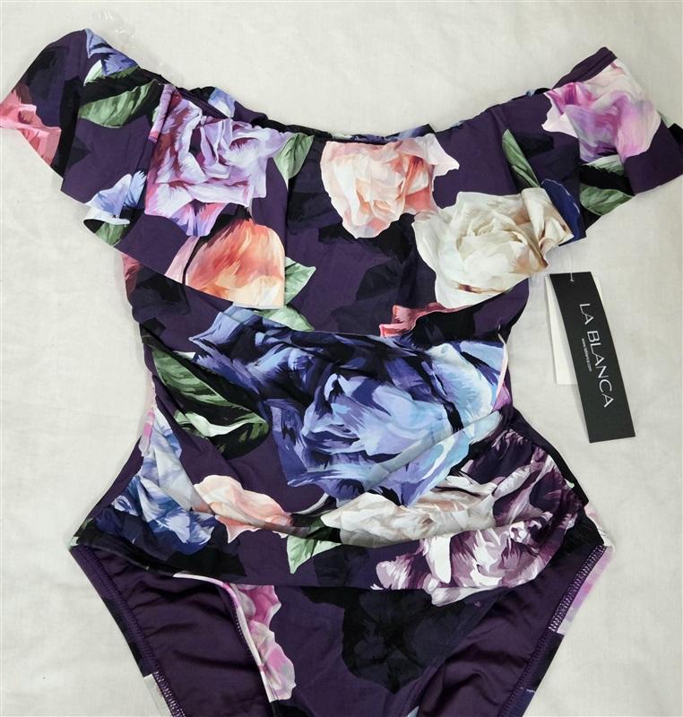 NWT La Blanca 8 Island Goddess Off Shoulder Ruffle 1PC Swimsuit Purple 135605