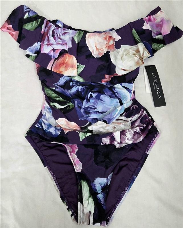 NWT La Blanca 8 Island Goddess Off Shoulder Ruffle 1PC Swimsuit Purple 135605