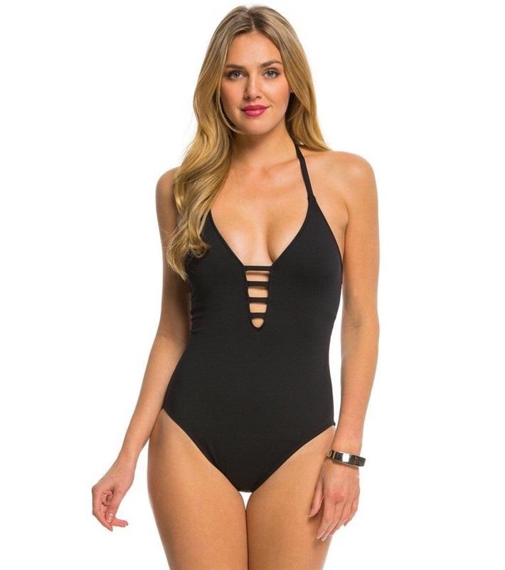 NWT La Blanca 4 Island Goddess Halter Mio 1PC Swimsuit Black 135612