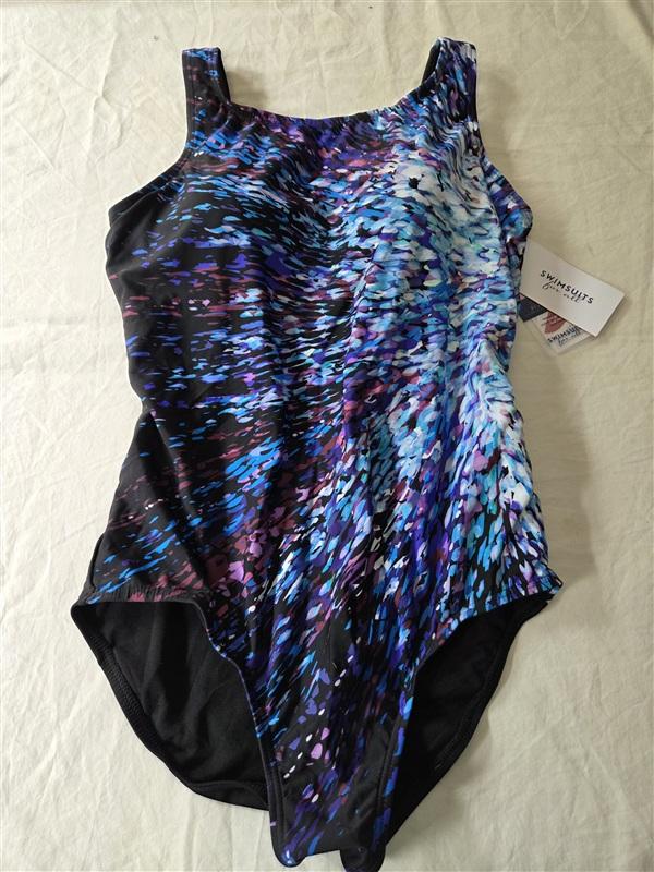 NWT Swimsuits For All 14 Abstract Floral Maillot 1PC Swim Blue Black 135615
