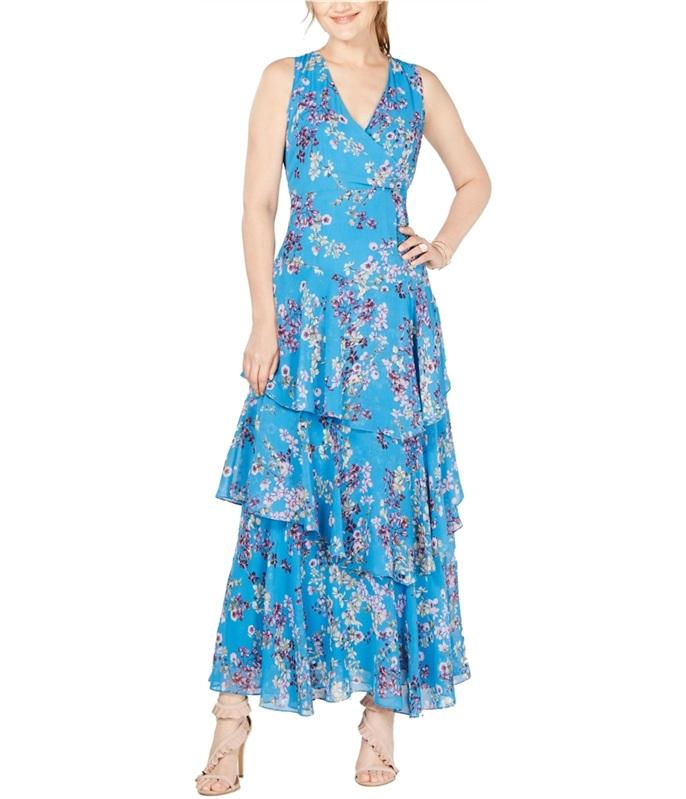 NWOT Inc 0P Maxi Ruffled Asymmetrical Blue Floral Dress 135685