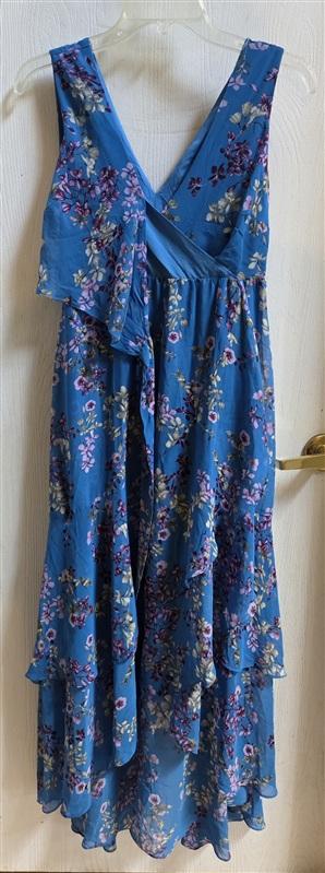NWOT Inc 0P Maxi Ruffled Asymmetrical Blue Floral Dress 135685