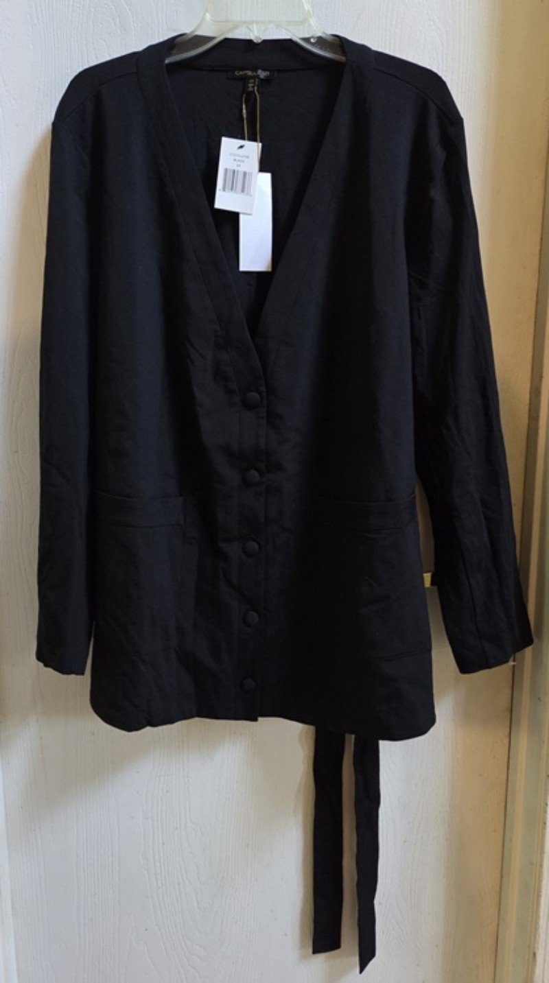 NWT Capsule 121 2x V Neck Collarless Tie Front Blazer Jacket Black 135687