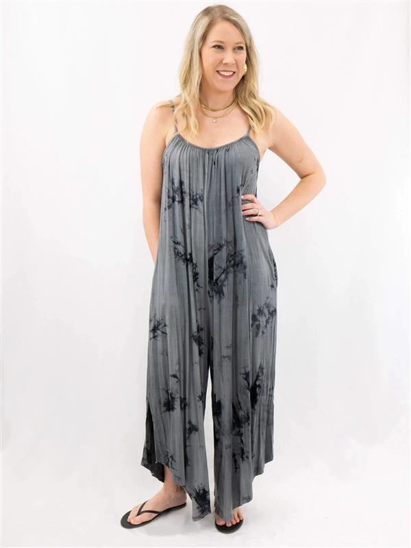 NWOT Socialite S Charcoal Gray Tie-Dye Jumpsuit Spaghetti Strap 135703