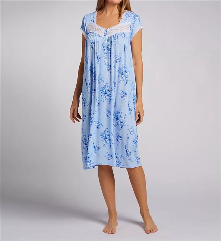 NWt Eileen West Small Cap Sleeve Lace-Trim Waltz Nightgown Blue White 135708