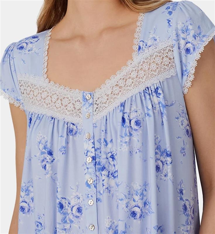 NWt Eileen West Small Cap Sleeve Lace-Trim Waltz Nightgown Blue White 135708