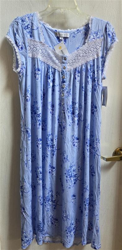 NWt Eileen West Small Cap Sleeve Lace-Trim Waltz Nightgown Blue White 135708