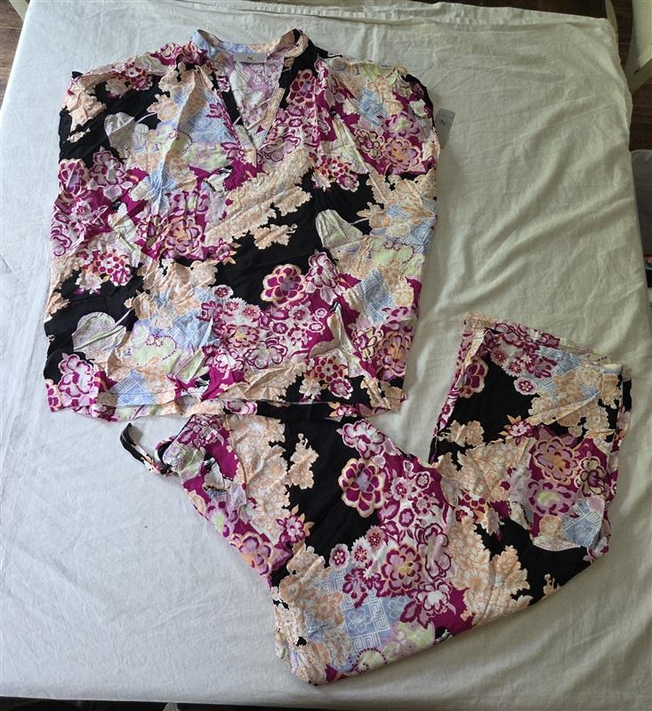 NWT Natori S Geisha Garden Pajama V Neck Top Pull On Bottom 135710