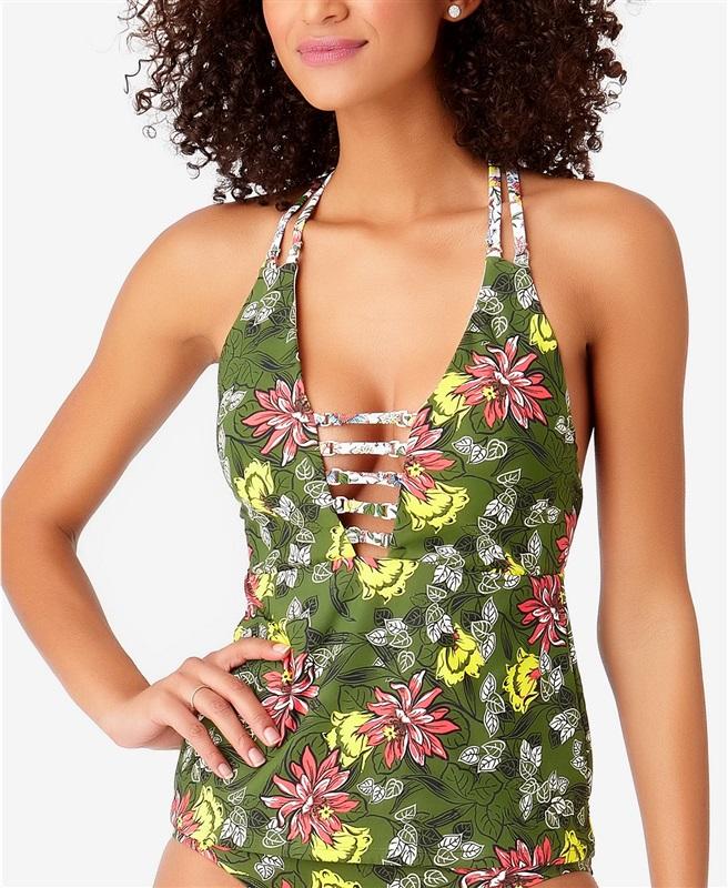 NWT Anne Cole Happy Strappy L Green Floral Plunging Tankini Swim Top 135752