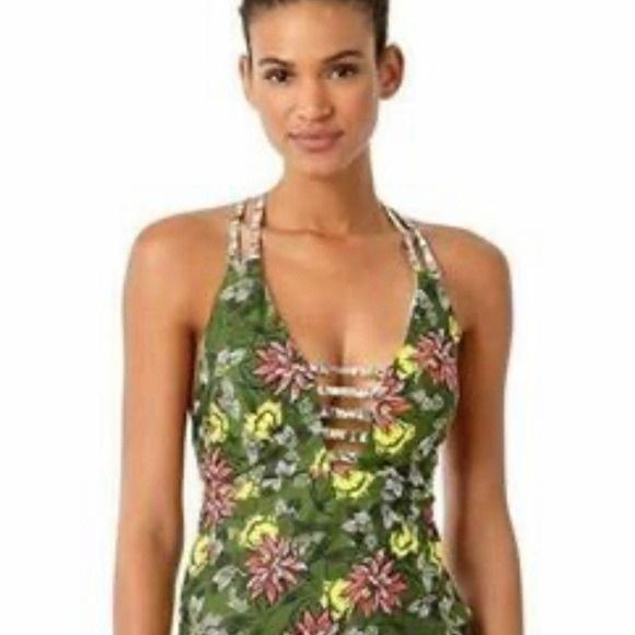 NWT Anne Cole Happy Strappy L Green Floral Plunging Tankini Swim Top 135752
