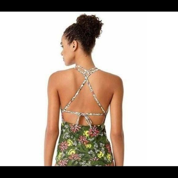 NWT Anne Cole Happy Strappy L Green Floral Plunging Tankini Swim Top 135752