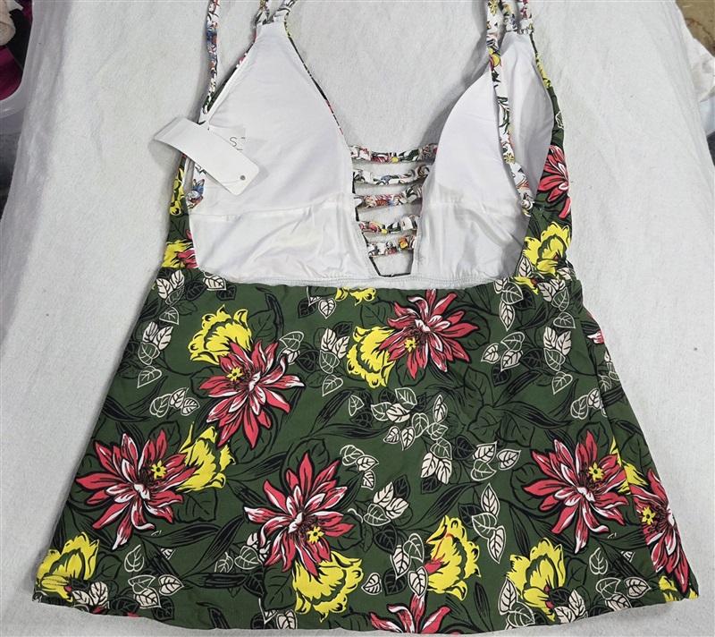 NWT Anne Cole Happy Strappy L Green Floral Plunging Tankini Swim Top 135752