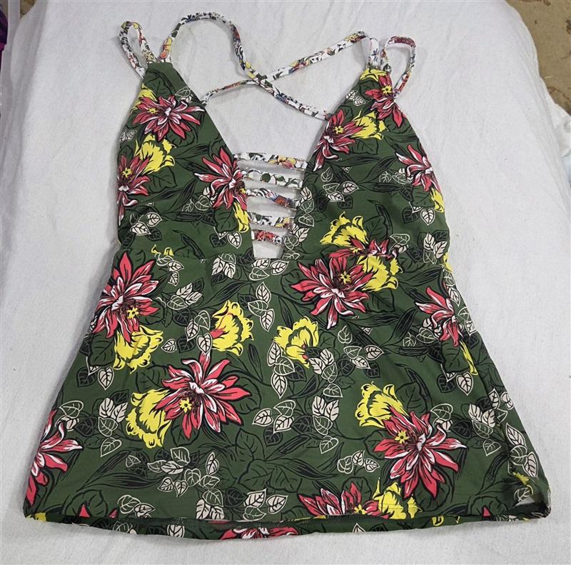 NWT Anne Cole Happy Strappy L Green Floral Plunging Tankini Swim Top 135752