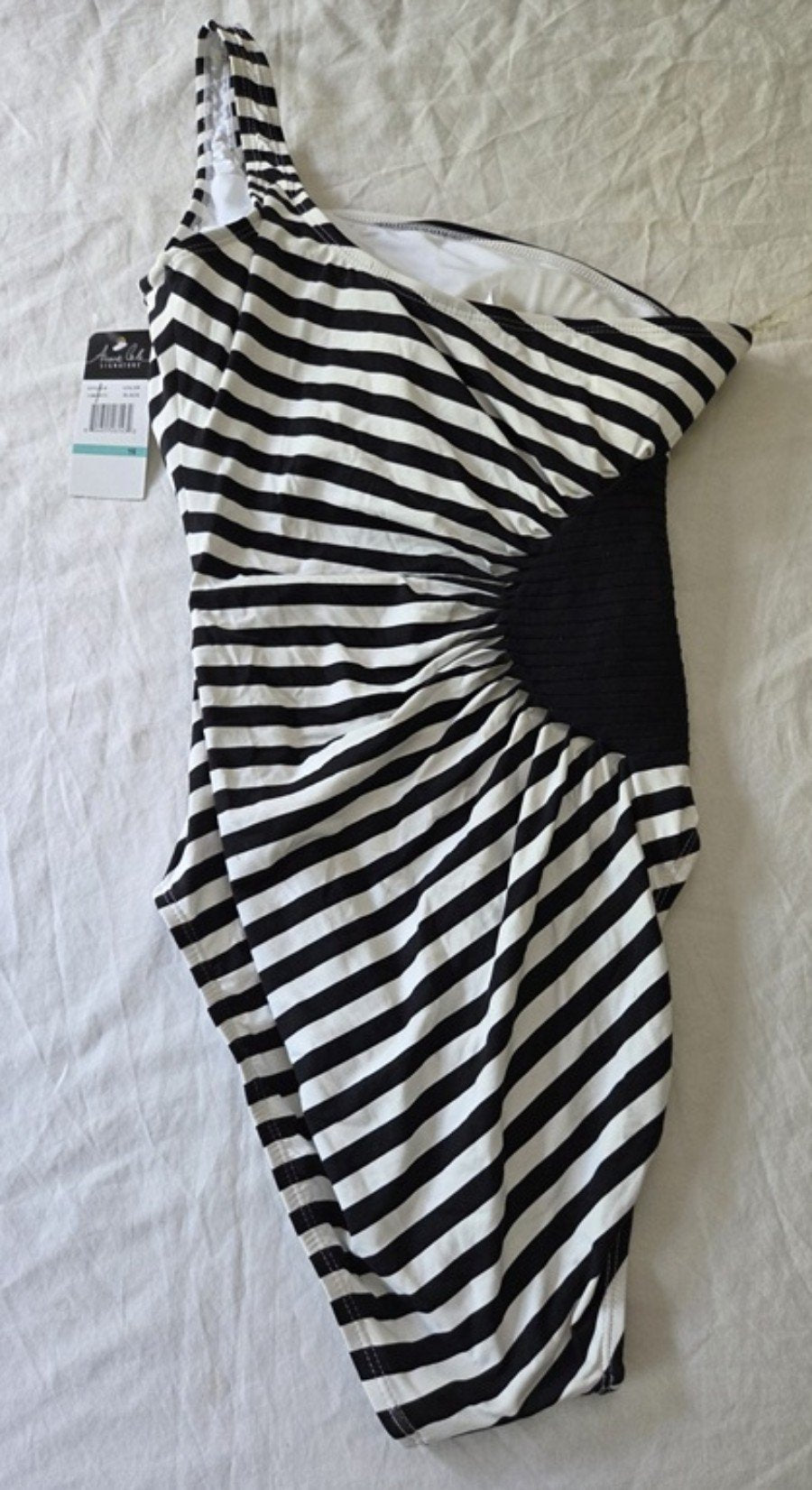 NWT Anne Cole 16 Black White Stripe One Shoulder 1PC Swimsuit 135753