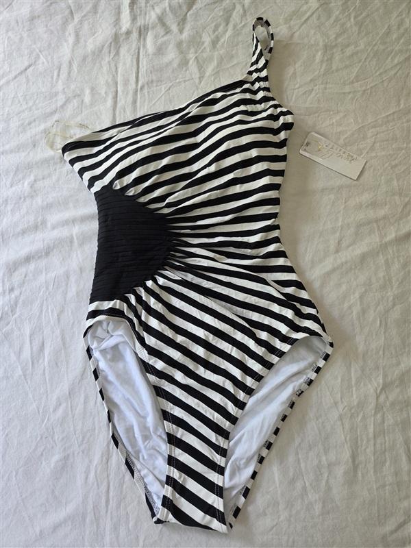 NWT Anne Cole 16 Black White Stripe One Shoulder 1PC Swimsuit 135753