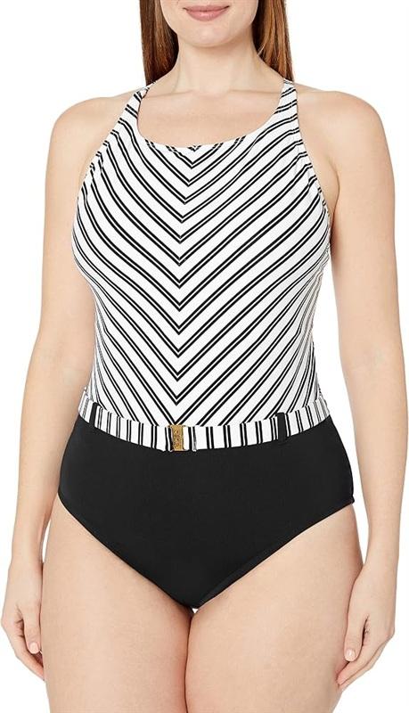 NWT Bleu by Rod Beattie 16W Blue Striped 1PC Black Swimsuit 135760