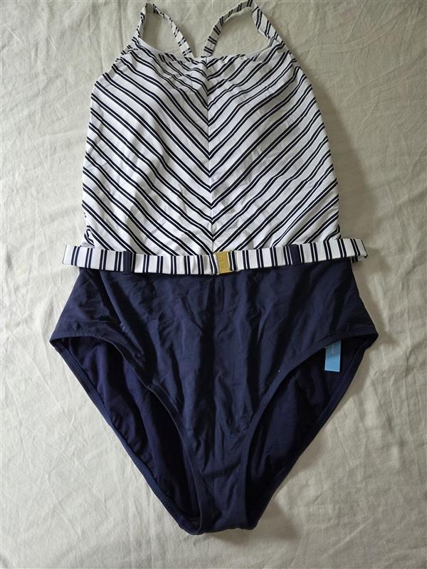 NWT Bleu by Rod Beattie 16W Blue Striped 1PC Black Swimsuit 135760