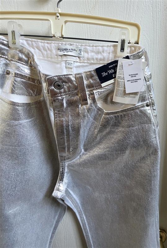 NWT Abercrombie & Fitch 90's High-Rise Curve Love Silver Metallic Jeans 135837