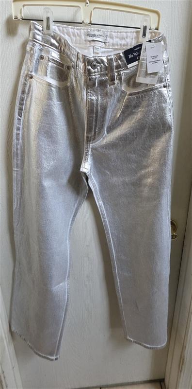 NWT Abercrombie & Fitch 90's High-Rise Curve Love Silver Metallic Jeans 135837