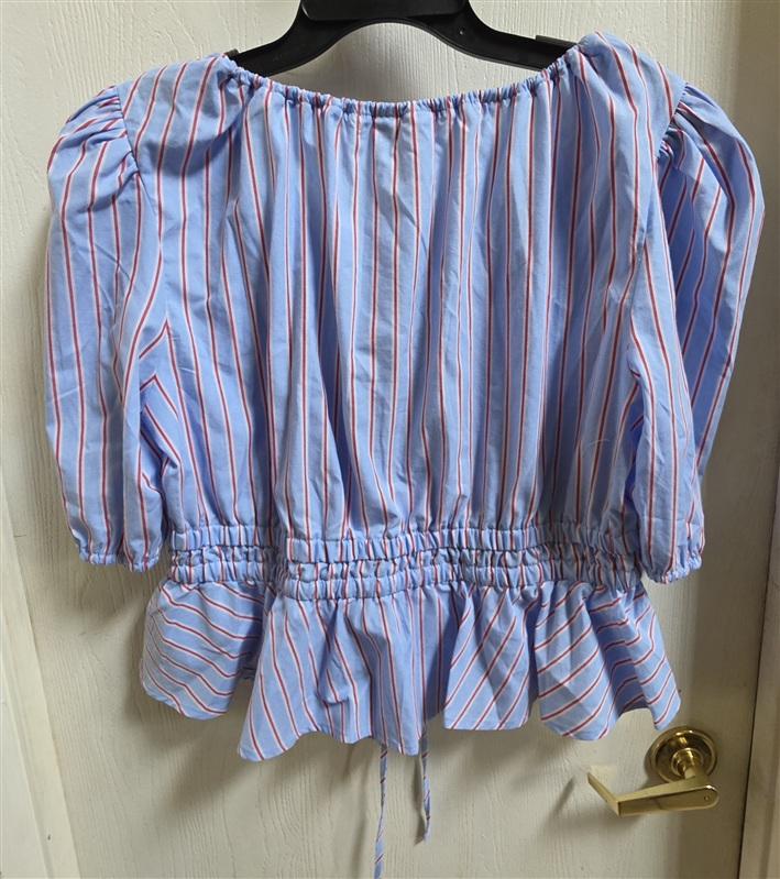 NWT Joie M Pin Stripe Peplum Drawstring Blouse Blue Red Puff Sleeve 135840