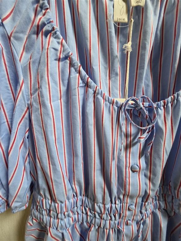 NWT Joie M Pin Stripe Peplum Drawstring Blouse Blue Red Puff Sleeve 135840