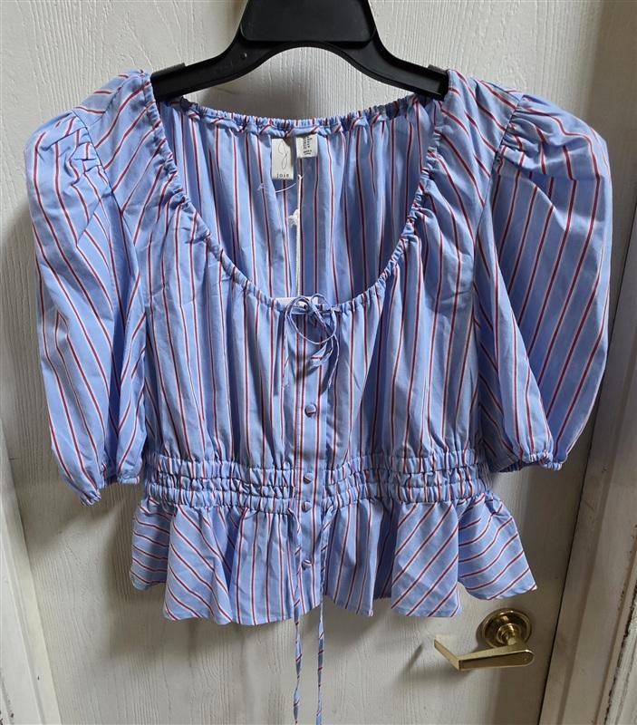 NWT Joie M Pin Stripe Peplum Drawstring Blouse Blue Red Puff Sleeve 135840