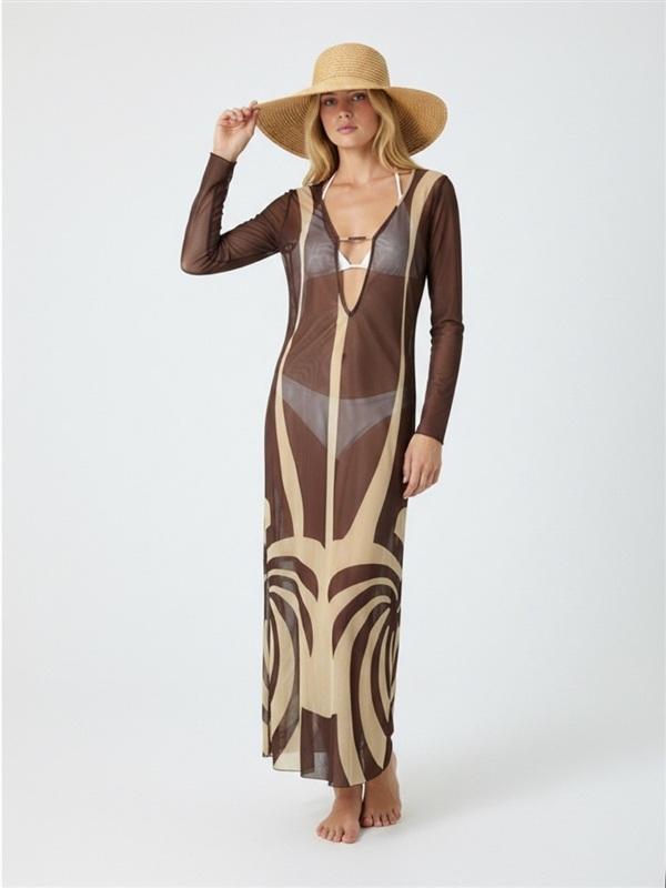NWT Caroline Constas M Lidi Long Mesh Cover Up Dress Brown Sheer 135846