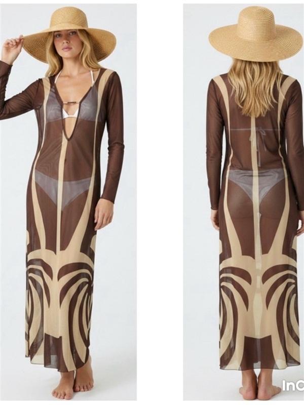 NWT Caroline Constas M Lidi Long Mesh Cover Up Dress Brown Sheer 135846