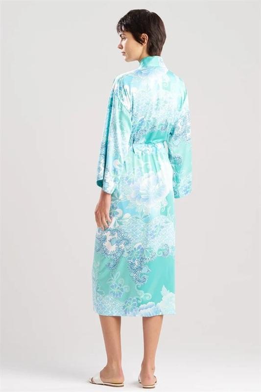 NWT Natori XL Flourish Printed Satin Robe Floral Blue Green White 135849