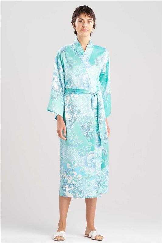 NWT Natori XL Flourish Printed Satin Robe Floral Blue Green White 135849