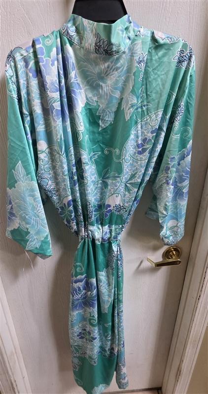 NWT Natori XL Flourish Printed Satin Robe Floral Blue Green White 135849