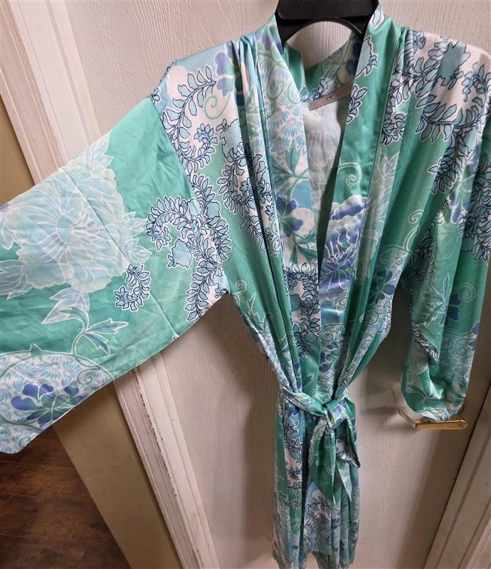 NWT Natori XL Flourish Printed Satin Robe Floral Blue Green White 135849