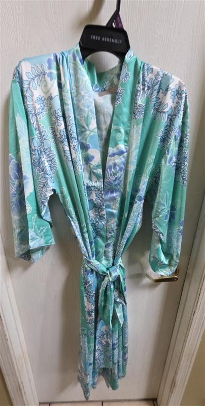 NWT Natori XL Flourish Printed Satin Robe Floral Blue Green White 135849