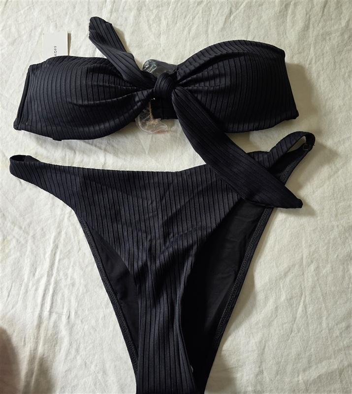 NWT Rebecca Minkoff M Black Ribbed Bandeau Bikini Swim Set 135855