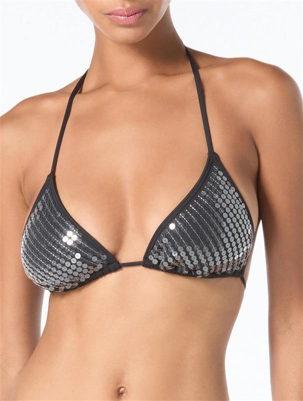 NWT Vince Camuto M Sequin String Triangle Bikini Top & Bottom Black 135865