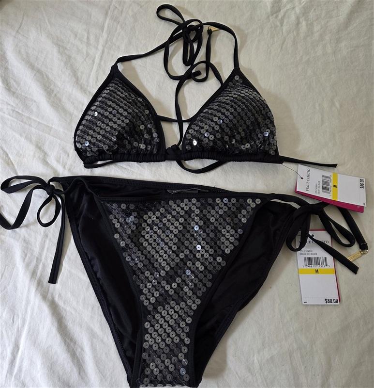 NWT Vince Camuto M Sequin String Triangle Bikini Top & Bottom Black 135865