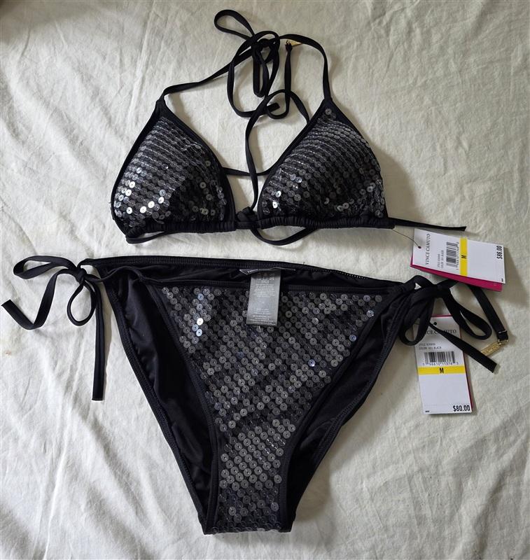 NWT Vince Camuto M Sequin String Triangle Bikini Top & Bottom Black 135865