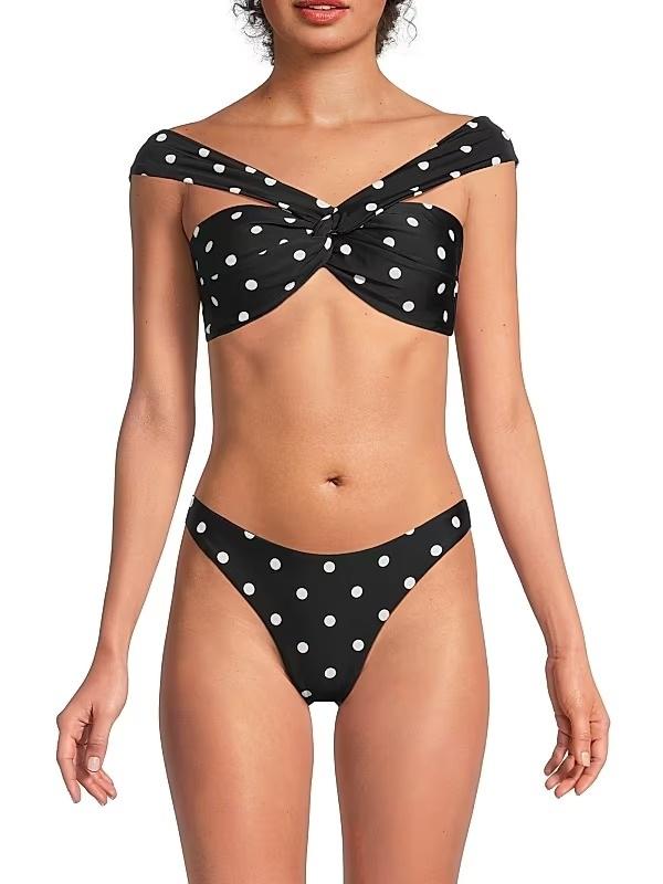 NWT Milly Olivia Draped Bandeau Top M Bottom S Bikini Set Black Polka Dot 135874