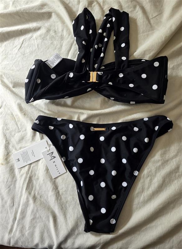 NWT Milly Olivia Draped Bandeau Top M Bottom S Bikini Set Black Polka Dot 135874