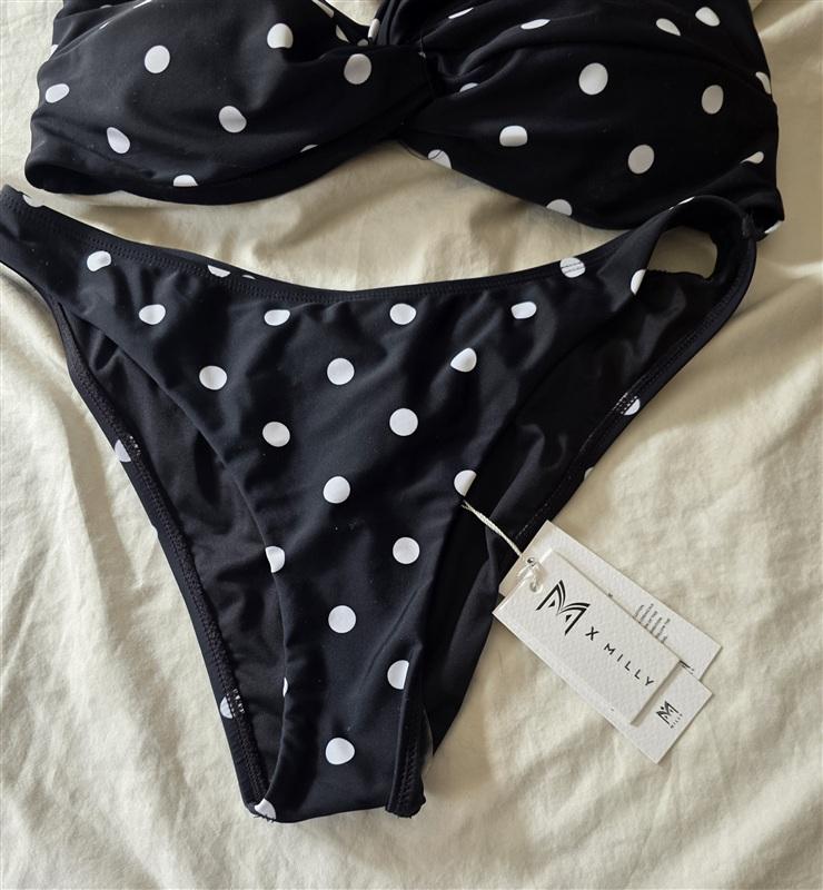 NWT Milly Olivia Draped Bandeau Top M Bottom S Bikini Set Black Polka Dot 135874