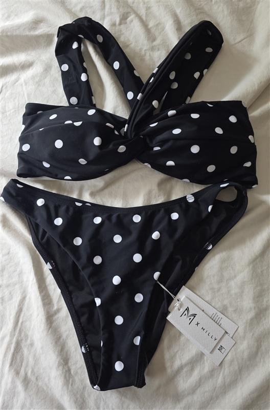 NWT Milly Olivia Draped Bandeau Top M Bottom S Bikini Set Black Polka Dot 135874