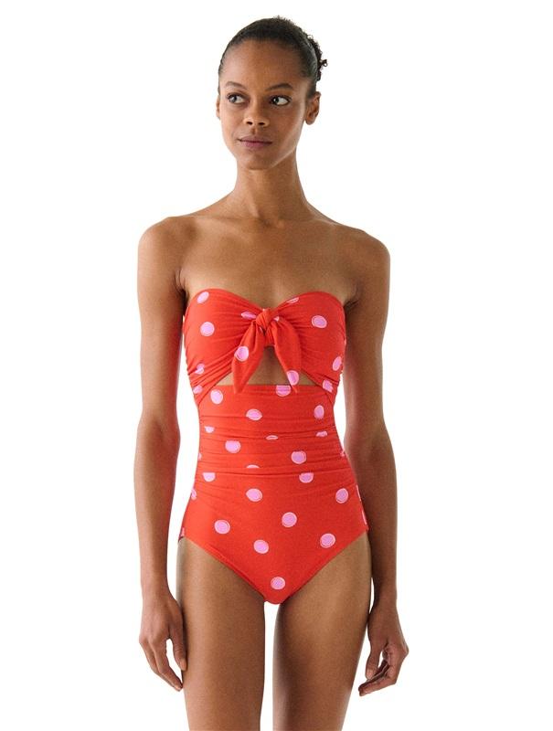 NWT Kate Spade S Bandeau Tie Front 1PC Swimsuit Downtown Dot Red 135880