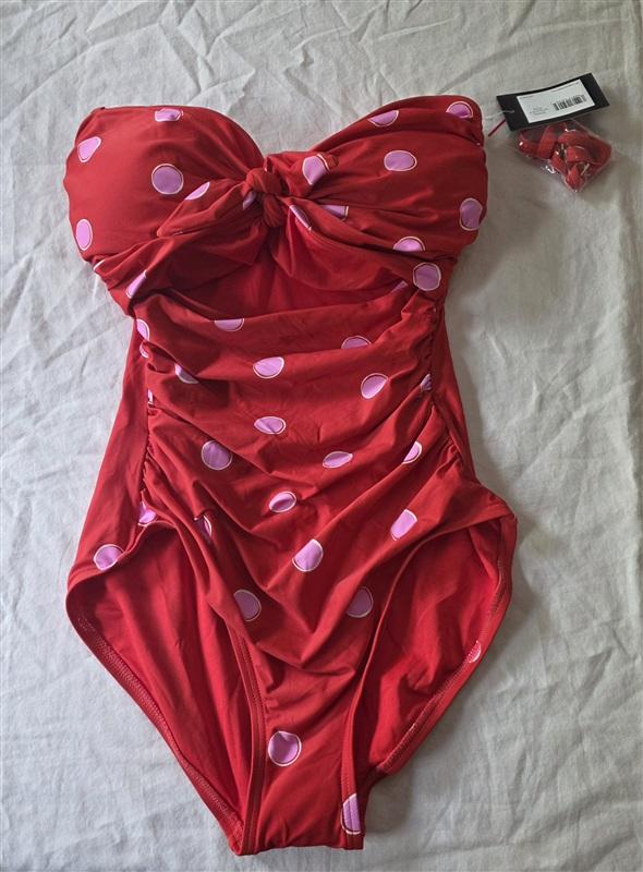 NWT Kate Spade S Bandeau Tie Front 1PC Swimsuit Downtown Dot Red 135880