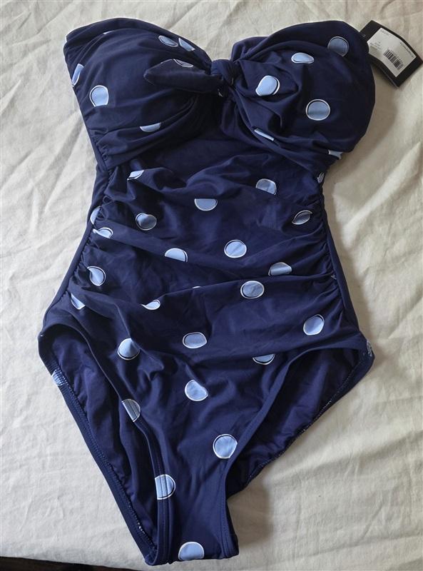 NWT Kate Spade XS Bandeau Tie Front 1PC Swimsuit Downtown Dot Blue 135881