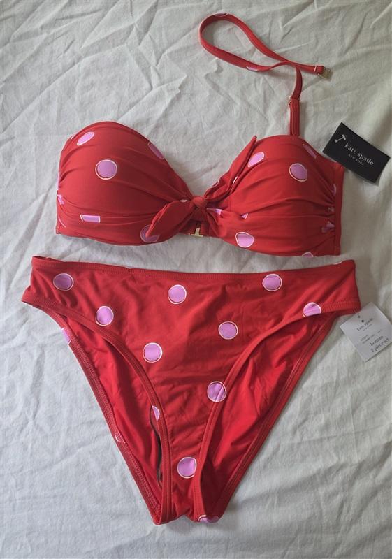 NWT Kate Spade Large Red Pink Bandeau Polka Dot Bikini Swim Top & Bottom 135882