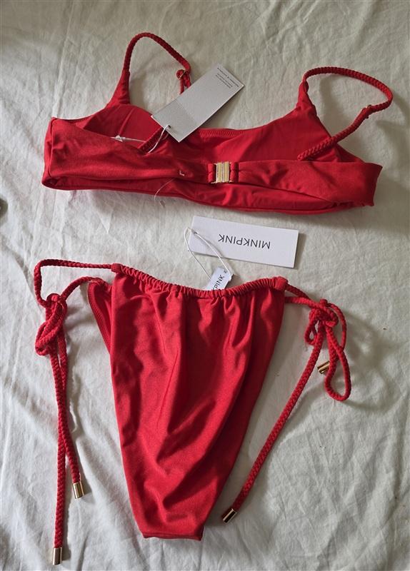 NWT Minkpink XL Bandeau Bikini Top & Side Tie Bottom Red 135893