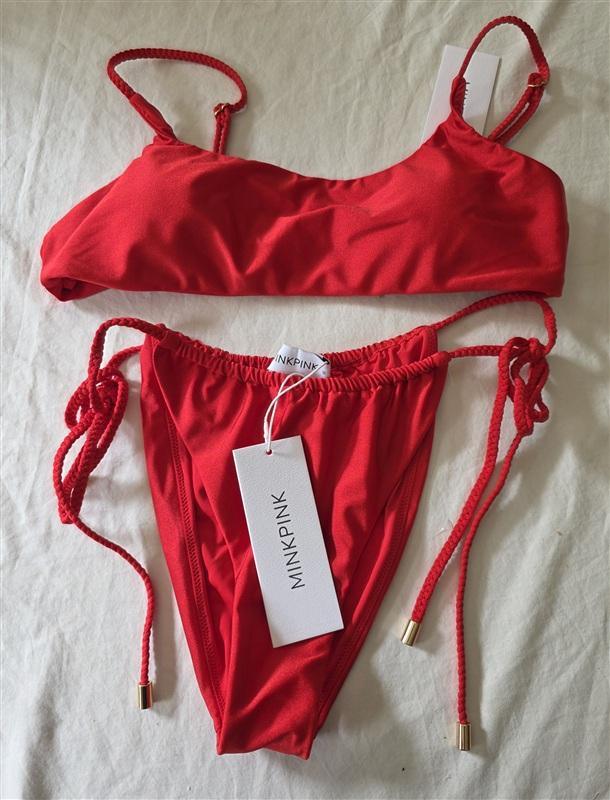 NWT Minkpink XL Bandeau Bikini Top & Side Tie Bottom Red 135893