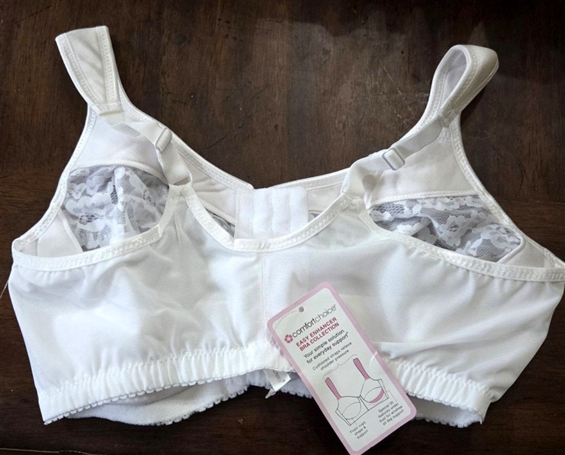 NWOT Comfort Choice 46G Soft Cup Lace Front Hook Bra Easy Enhancer White 135924