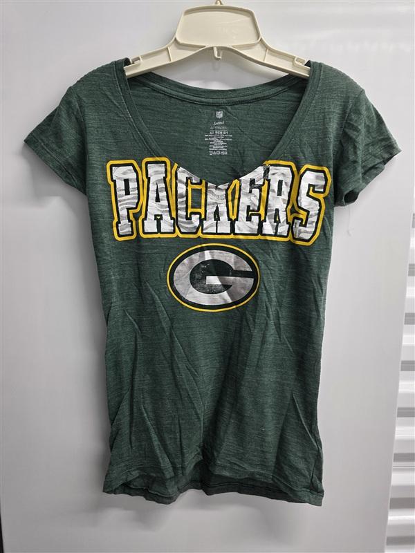NWOT NFL Team XS Juniors Green Packers V Neck Metallic T Shirt 136058